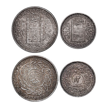 Hyderabad, Silver (2 Coins), Farkhanda Bunyad Hyderabad Mint, Mir Usman Ali Khan, 4 Annas 