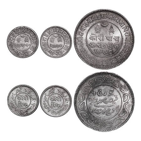 Kutch, Silver Kori & 5 Kori (3 Coins), Vijayrajji, Kori INO George VI, VS 1999/1942, 2000/