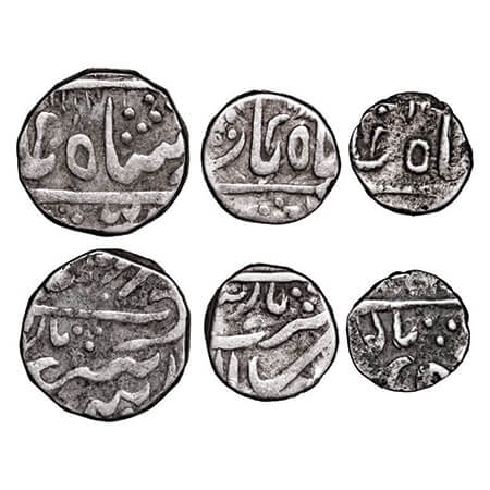 Mewar, A set of Silver (3 coins), crude type, Rupee, ½, ¼, British Protectorate (1760-1850
