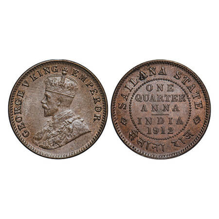 Sailana, Copper ¼ Anna, 4.90g, Jaswant Singh (1890-1919 AD), 1912 AD, bust of George V on