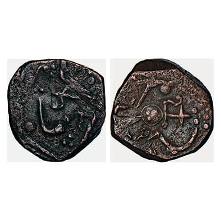 Sunth, Copper Paisa, 9.09g, AH 123x, persian letters on obverse, Sword to left with shield