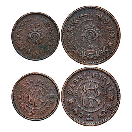 Travancore, Copper (2 Coins), 4 & 8 Cash, 2.46 & 4.96g, Rama Verma VI (ME 1062-1101/1885-1