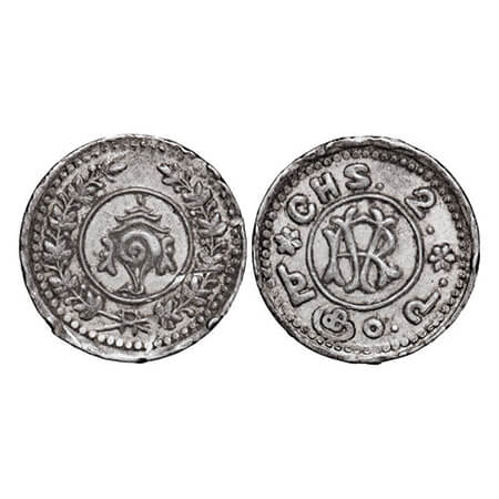 Travancore, Silver, 2 Chuckram, 0.70g, Rama Varma VI (ME 1062-1101/ 1885-1924 AD), Obv: Co