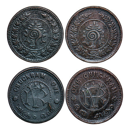 Travancore, Copper (2 Coins), Chukram, 9.87 & 10.00g, Rama Verma VI (ME 1062-1101/1885-192
