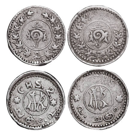 Travancore, Silver, 2 Chuckram (2 Coins), 0.71, 0.87g, Rama Varma VI (ME 1062-1101/ 1885-1
