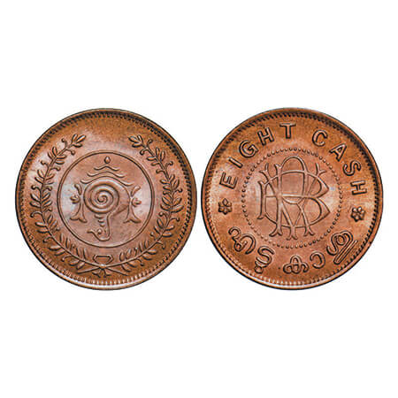 Travancore, Copper 8 Cash, 4.00g, Rama Varma VI (ME 1062-1101 / 1885-1924 AD), ND type (19