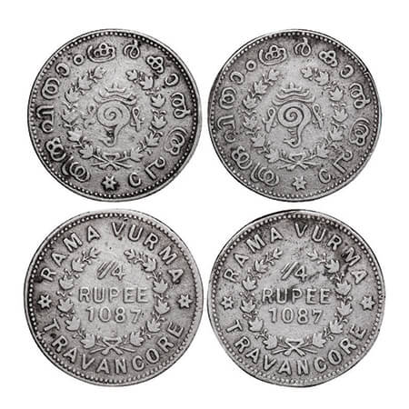 Travancore, Silver, ¼ Rupee (2 Coins), 2.55 & 2.54g, Rama Varma VI (ME 1062-1101 / 1885-19