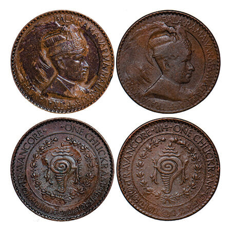 Travancore, Copper Chukram (2 Coins), 7.80 & 10.00g, Bala Rama Varma II (ME 1101-1126/1924