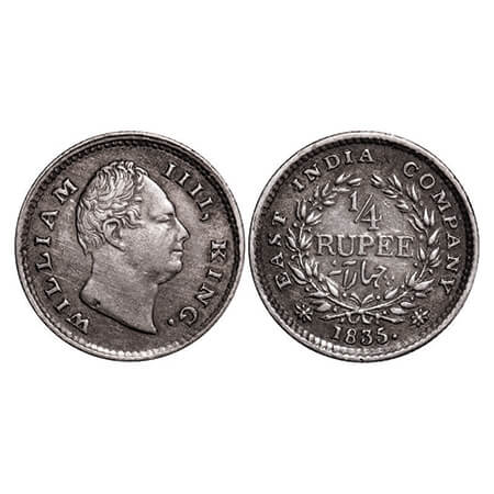 William IV, Silver, 1/4 Rupee, 1835, Calcutta Mint, A/III, Dug out f, Wreath with 18 Berri