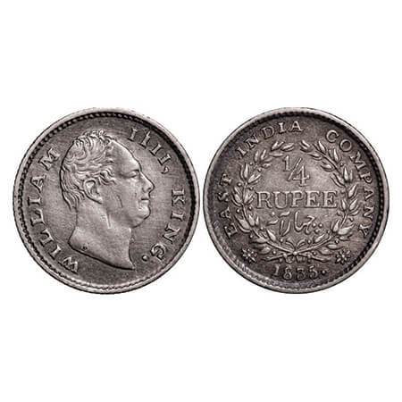 William IV, Silver, 1/4 Rupee, 1835, Calcutta Mint, A/III, Dug out f, Wreath with 18 Berri
