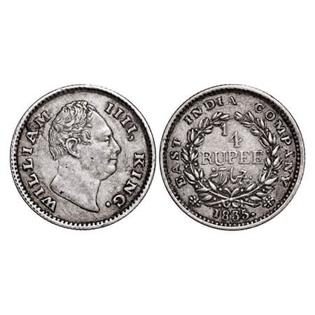 William IV, Silver, 1/4 Rupee, 1835, Calcutta Mint, A/III, Dug out f, Small dug out f, Die