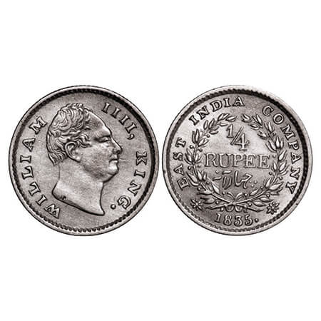 William IV, Silver, 1/4 Rupee, 1835, Calcutta Mint, A/III, Dug out f, Small dug out f, Gho
