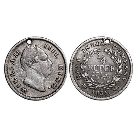 William IV, Silver, 1/4 Rupee, 1835, Calcutta Mint, A/III, Dug out f, Wreath with 18 Berri