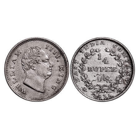 William IV, Silver, 1/4 Rupee, 1835, Calcutta Mint, A/III, 'F' raised, Wreath with 18 Berr