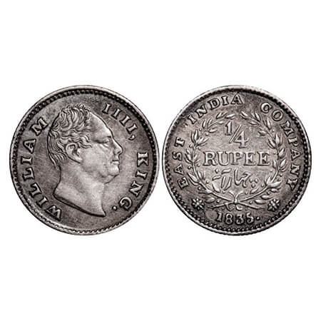 William IV, Silver, 1/4 Rupee, 1835, Calcutta Mint, A/III, 'F' raised, Wreath with 18 Berr