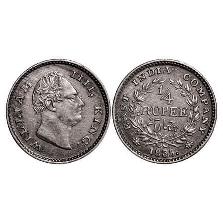 William IV, Silver, 1/4 Rupee, 1835, Calcutta Mint, A/III, 'F" raised, Wreath with 18 Berr