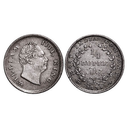 William IV, Silver, 1/4 Rupee, 1835, Bombay Mint, A/I, No initials, Rev aligned, Rev align