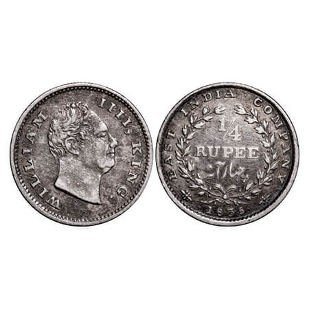 William IV, Silver, 1/4 Rupee, 1835, Bombay Mint, A/I, No initials, Rev aligned, Rev align