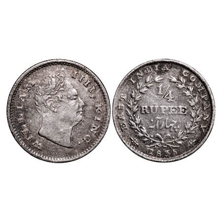 William IV, Silver, 1/4 Rupee, 1835, Bombay Mint, A/I, No initials, Rev aligned, Rev align