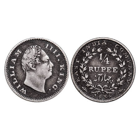 William IV, Silver, 1/4 Rupee, 1835, Bombay Mint, A/I, No initials, Large and thick size l