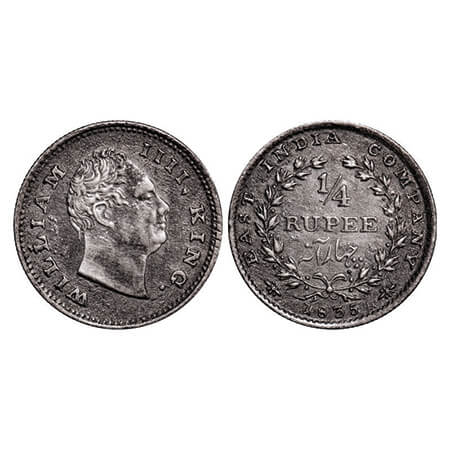 William IV, Silver, 1/4 Rupee, 1835, Bombay Mint, A/I, No initials, Large and thick size l