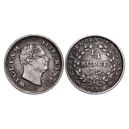 William IV, Silver, 1/4 Rupee, 1835, Bombay Mint, A/I, No initials, Large and thick size l