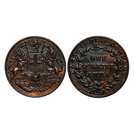 William IV, Copper, Quarter Anna, 1835, Madras Mint, A/II, Rev aligned, Wreath with 18 Ber