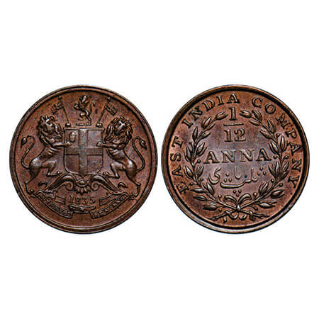 William IV, Copper, 1/12 Anna, 1835, Madras Mint, Wreath with 13 Berries (6L + 7R), Rev al