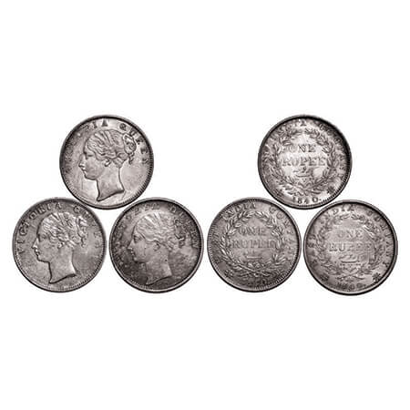 Victoria Queen, Silver, Rupee (3 coins), 1840, CL, 1) Calcutta Mint, A/I, 2) Bombay Mint, 