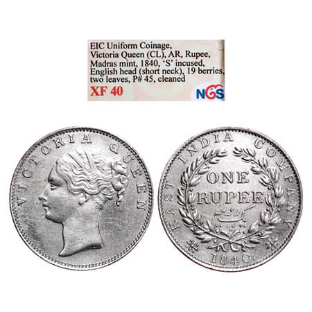 Victoria Queen, Silver, Rupee, 1840, CL, Madras Mint, A/IV, 'S' incused, With bud leaves a