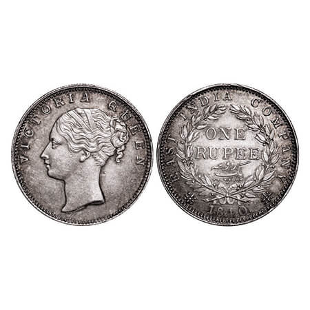 Victoria Queen, Silver, Rupee, 1840, CL, Bombay Mint, A/II, English Head, Wreath with 19 B