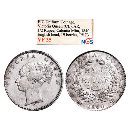 Victoria Queen, Silver, Half Rupee, 1840, CL, Bombay Mint, A/I, English Head, Wreath with 