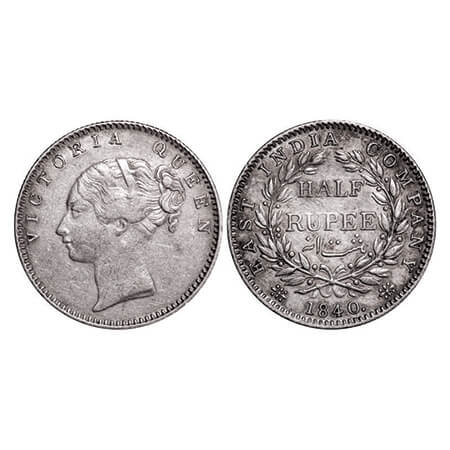 Victoria Queen, Silver, Half Rupee, 1840, CL, Calcutta Mint, A/I, Wreath with 19 Berries (