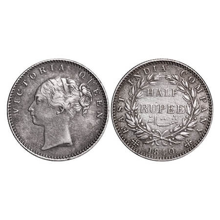 Victoria Queen, Silver, Half Rupee, 1840, CL, Calcutta Mint, A/I, Wreath with 19 Berries (