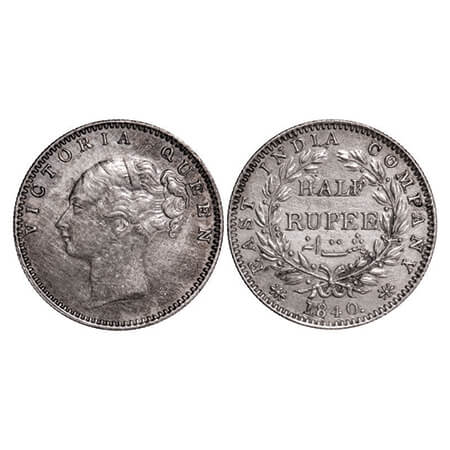 Victoria Queen, Silver, Half Rupee, 1840, CL, Madras Mint, A/I, Wreath with 19 Berries (9L
