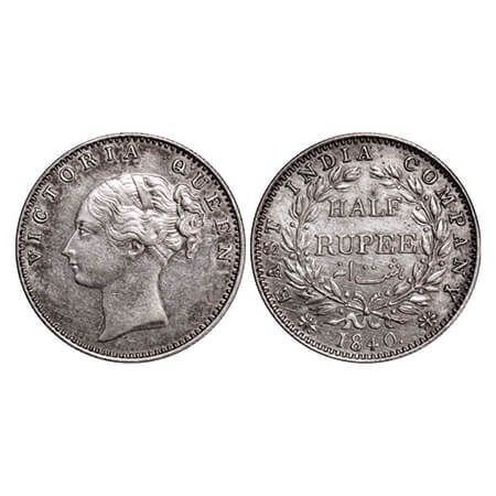 Victoria Queen, Silver, Half Rupee, 1840, CL, Madras Mint, A/I, Wreath with 19 Berries (9L