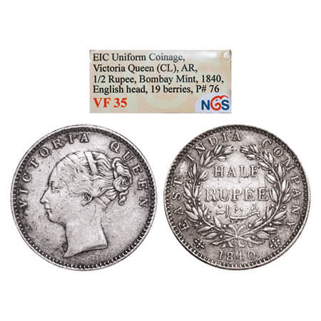 Victoria Queen, Silver, Half Rupee, 1840, CL, Bombay Mint, A/I, English Head, Wreath with