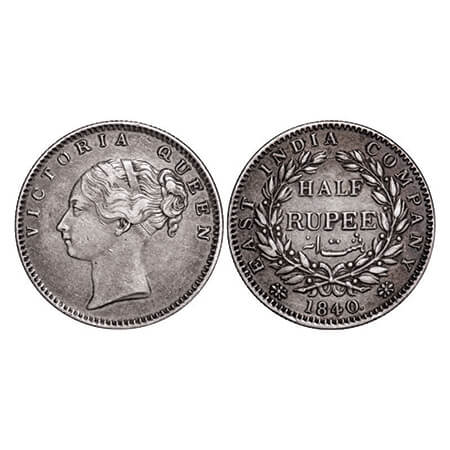 Victoria Queen, Silver, Half Rupee, 1840, CL, Bombay Mint, A/I, Wreathw ith 19 Berries (9L