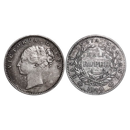 Victoria Queen, Silver, Half Rupee, 1840, CL, Bombay Mint, A/I, Wreath with 19 Berries (9L
