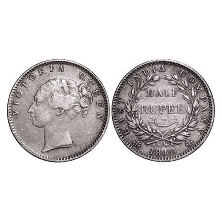 Victoria Queen, Silver, Half Rupee, 1840, CL, Bombay Mint, A/I, Wreath with 19 Berries (9L