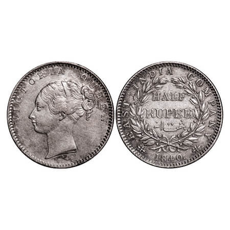 Victoria Queen, Silver, Half Rupee, 1840, CL, Bombay Mint, A/I, Wreath with 19 Berries (9L
