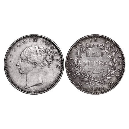 Victoria Queen, Silver, Half Rupee, 1840, CL, Bombay Mint, A/I, Wreath with 19 Berries (9L