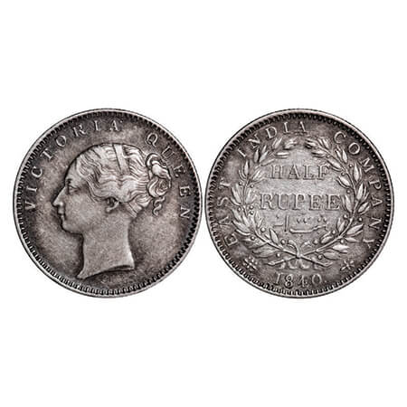 Victoria Queen, Silver, Half Rupee, 1840, CL, Bombay Mint, A/I, Wreath with 19 Berries (9L