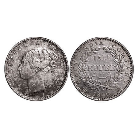 Victoria Queen, Silver, Half Rupee, 1840, CL, Bombay Mint, A/I, Wreath with 19 Berries (9L