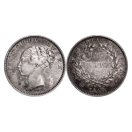 Victoria Queen, Silver, Half Rupee, 1840, CL, Bombay Mint, A/I, Wreath with 19 Berries (9L