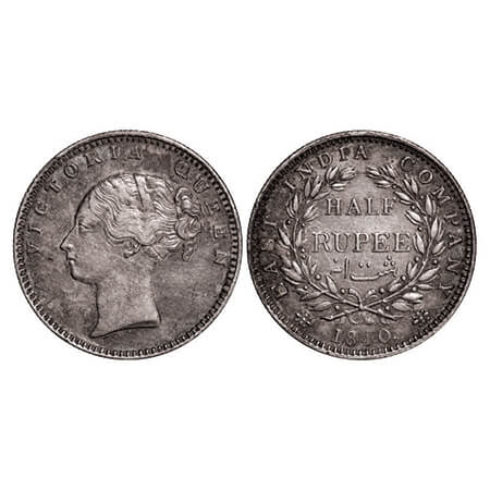 Victoria Queen, Silver, Half Rupee, 1840, CL, Bombay Mint, A/I, Wreath with 19 Berries (9L