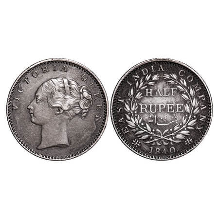 Victoria Queen, Silver, Half Rupee, 1840, CL, Bombay Mint, A/I, Wreath with 19 Berries (9L