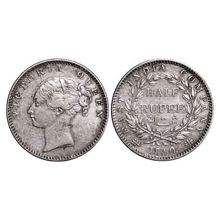 Victoria Queen, Silver, Half Rupee, 1840, CL, Bombay Mint, A/I, Wreath with 19 Berries (9L