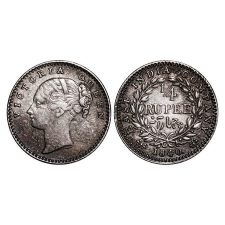 Victoria Queen, Silver, 1/4 Rupee, 1840, CL, Calcutta Mint, A/I, Numeral 4 with serif. GK 