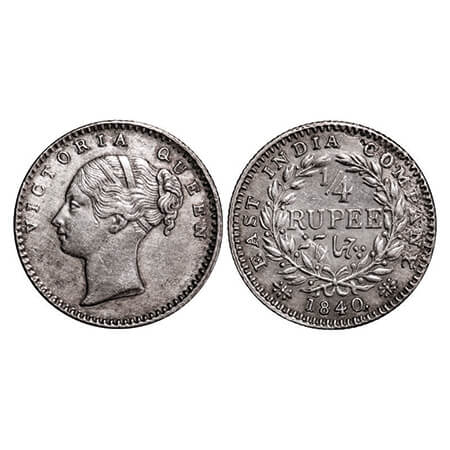 Victoria Queen, Silver, 1/4 Rupee, 1840, CL, Calcutta Mint, A/I, Numeral 4 with serif. GK 